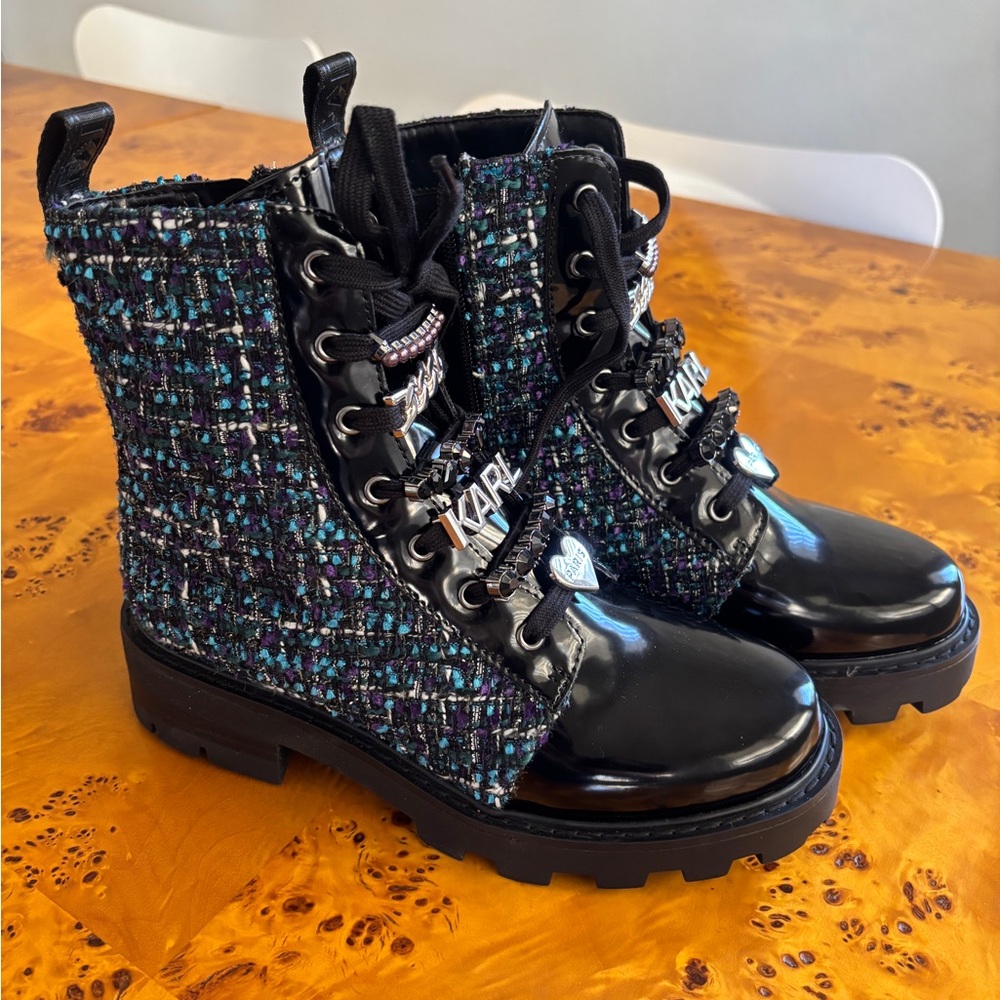 NEW Karl Lagerfeld Paris Black Patent Leather Studded Boots for Size 10 Women